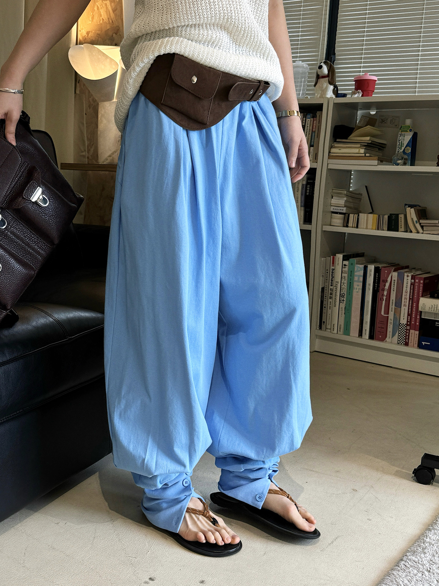 Louvre s spring new style Parisian vintage laid-back feel elastic waist button-up ankle flared pants knitted casual pants for women
