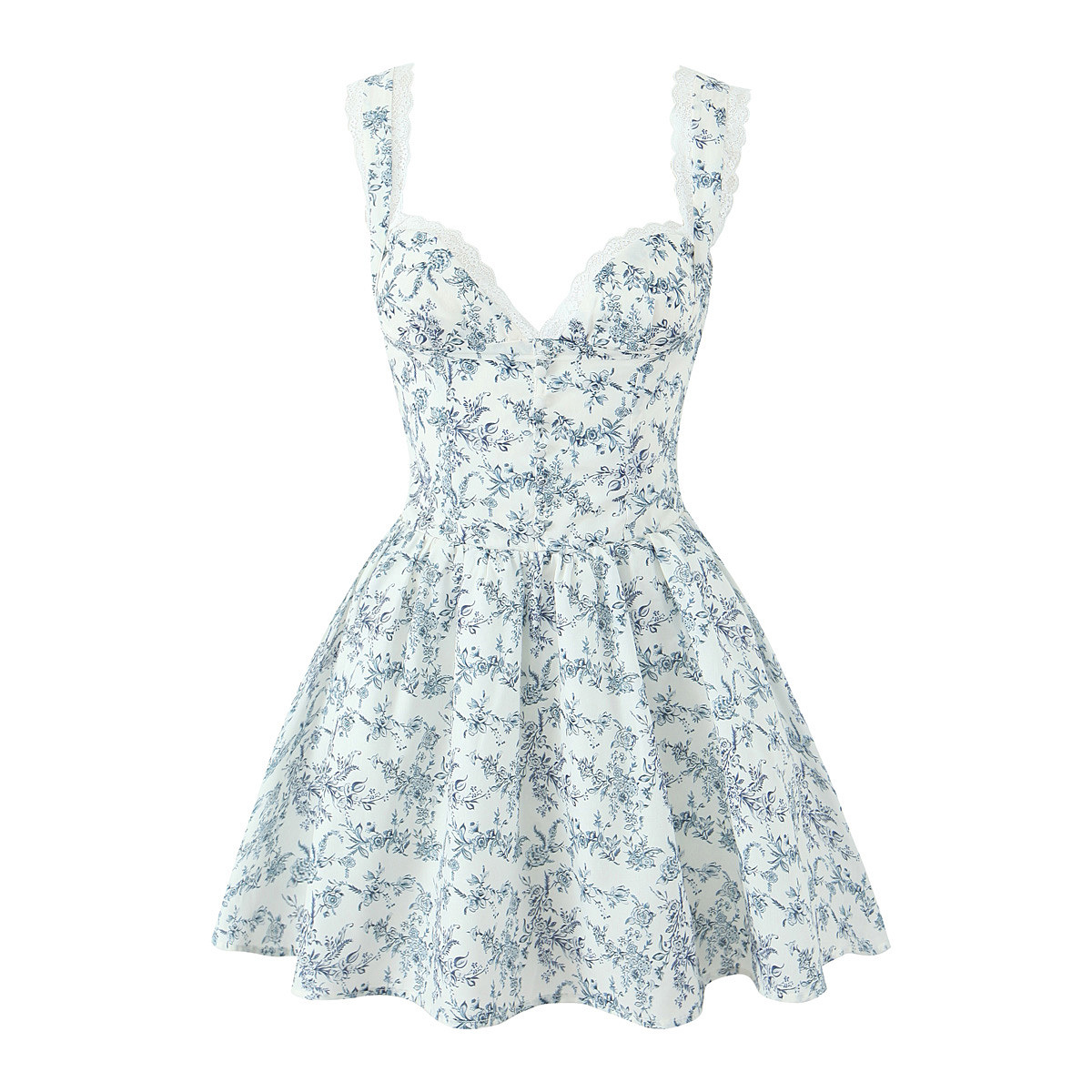 House s matching traditional Chinese blue and white porcelain romantic floral short dress French vintage sheer lace-trimmed camisole dress - Image 5