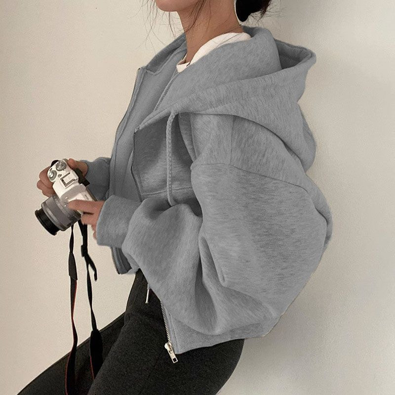 Alternative view of Zipper hoodie long-sleeved sweater loose and casual simple and trendy easy-matching pure color fashionable and laid-back jacket wholesale