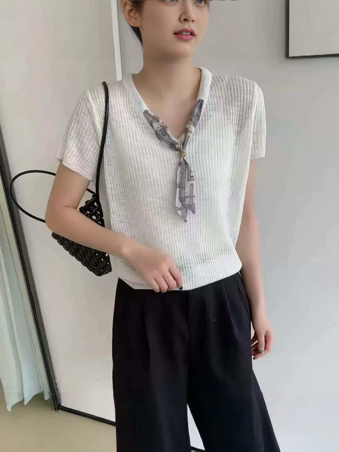 2026 summer new Korean style scarf-style round neck flutter sleeve knitted shirt short sleeve pullover loose and slim-fitting women s top - Image 4