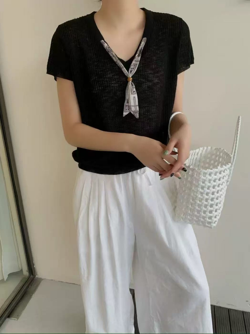 2026 summer new Korean style scarf-style round neck flutter sleeve knitted shirt short sleeve pullover loose and slim-fitting women s top - Image 3