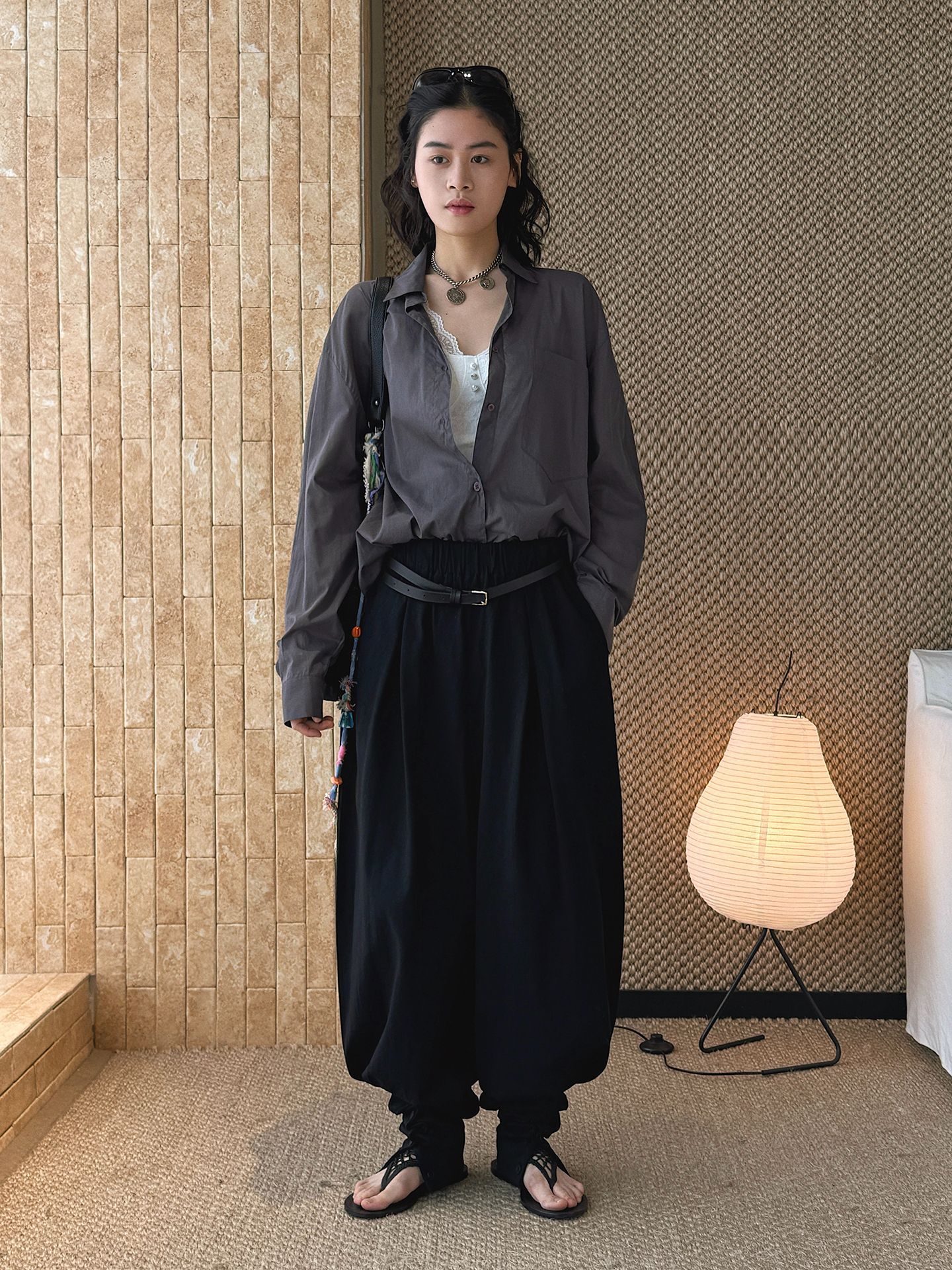 Louvre s spring new style Parisian vintage laid-back feel elastic waist button-up ankle flared pants knitted casual pants for women - Image 5