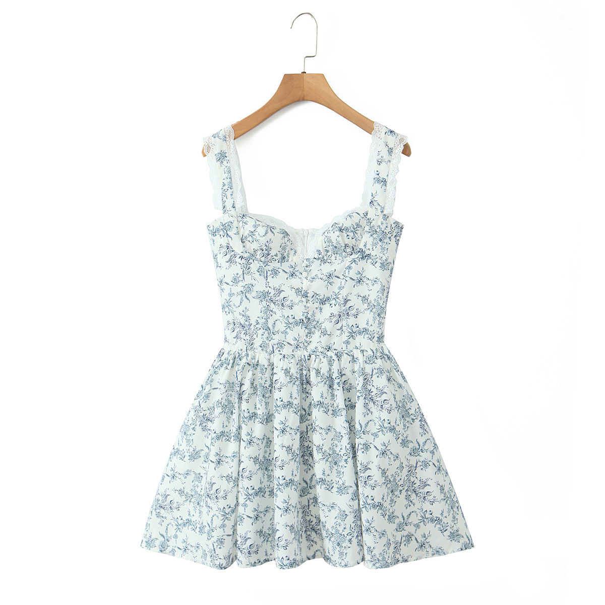 House s matching traditional Chinese blue and white porcelain romantic floral short dress French vintage sheer lace-trimmed camisole dress - Image 4