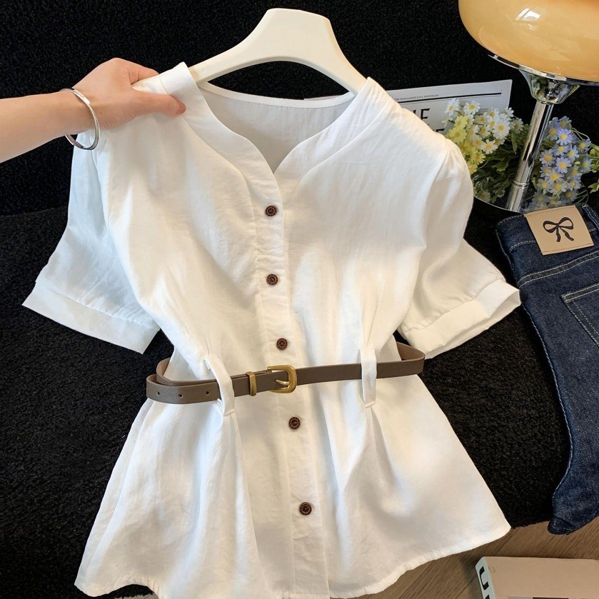 French-style petite-style short-sleeved cotton and linen shirt for women summer design lace-up fitted waist slim-fitting shirt with belt white top