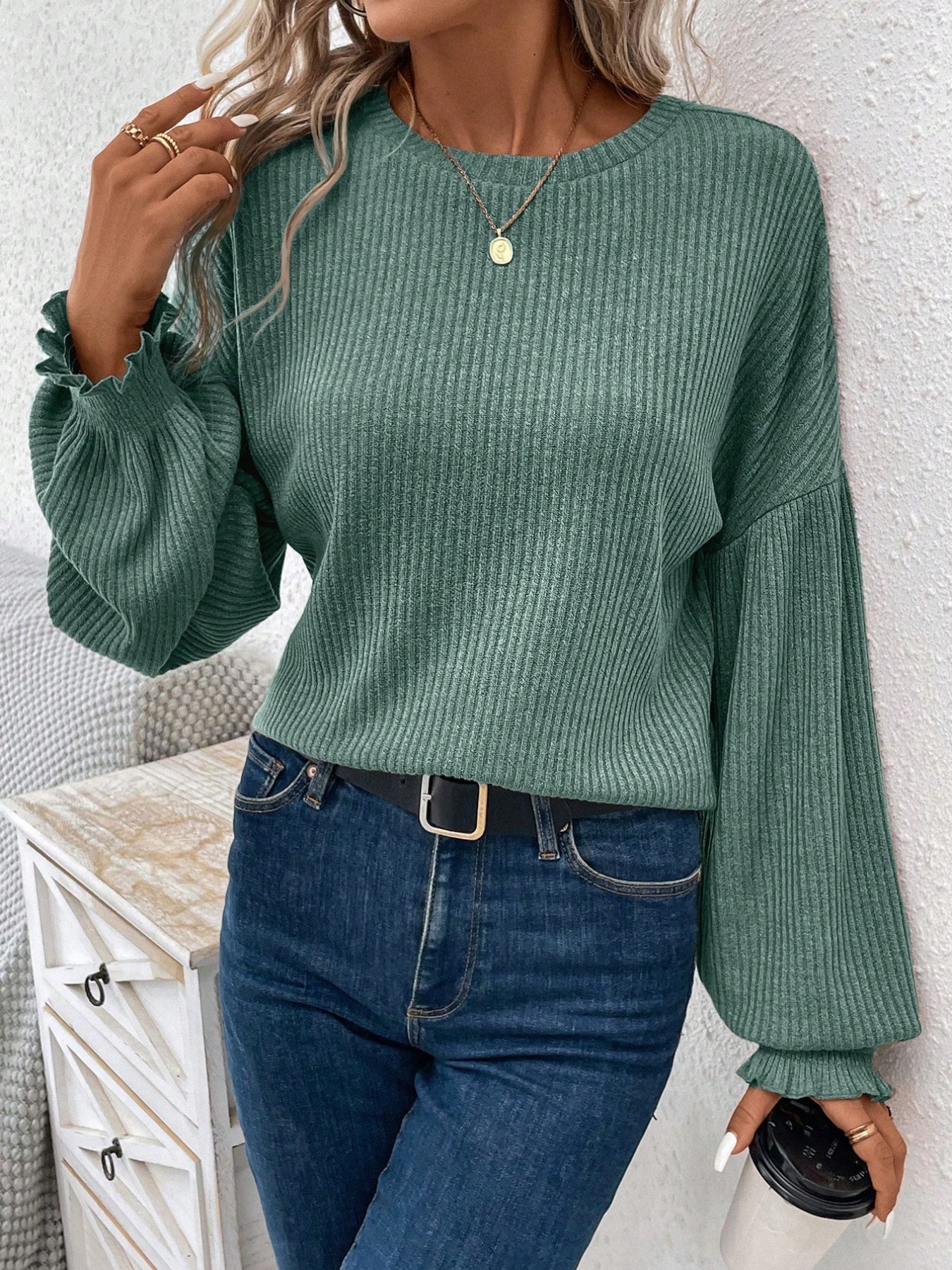 2025 Amazon Women s Clothing Cross-border Autumn and Winter New Style Casual Pure Color Striped Round Neck Long-sleeved Loose T-shirt for Women - Image 4