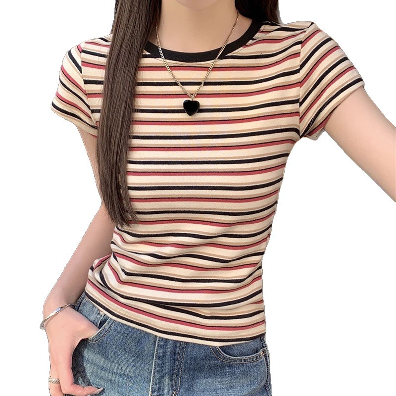 2026 new summer rainbow striped contrast color short-sleeved T-shirt for women slim-fitting and sweet-cool top with niche design sense - Image 6