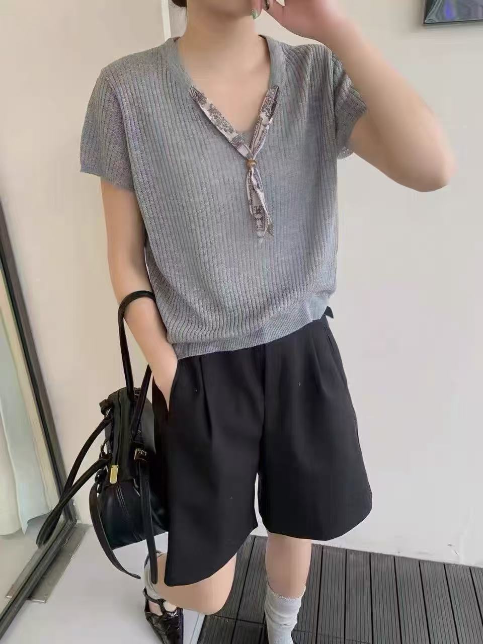 2026 summer new Korean style scarf-style round neck flutter sleeve knitted shirt short sleeve pullover loose and slim-fitting women s top - Image 5