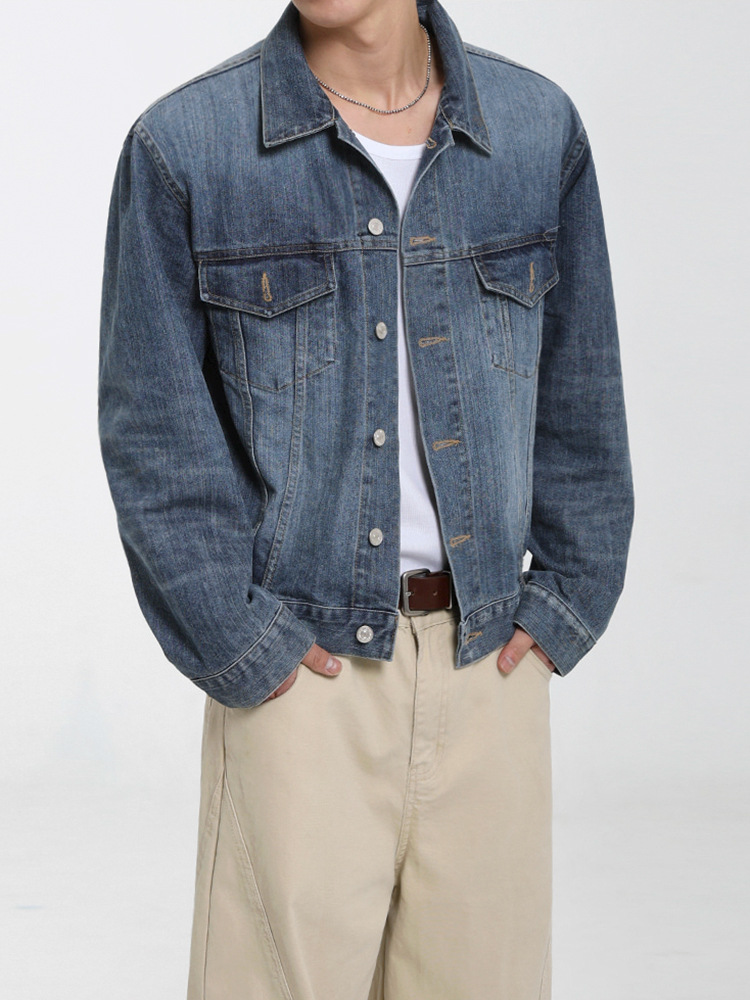 MYQ cool and casual short denim jacket for men autumn loose-fitting turtleneck top Korean style commuter vintage jacket