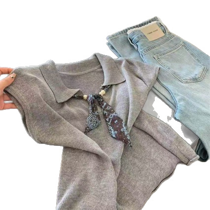 Wholesale fashion knitted shirts casual and minimalist oat-colored polo neck short-sleeved knitted shirt for women thin style for spring summer and autumn - Image 5