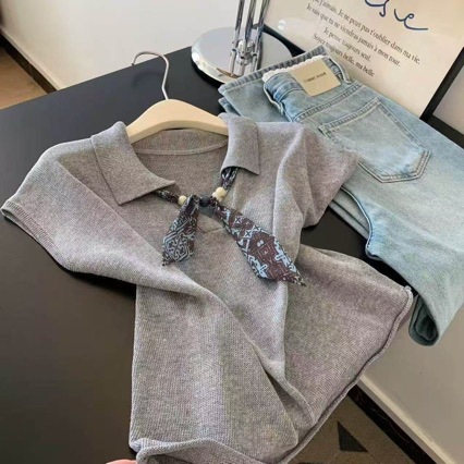 Wholesale fashion knitted shirts casual and minimalist oat-colored polo neck short-sleeved knitted shirt for women thin style for spring summer and autumn - Image 4